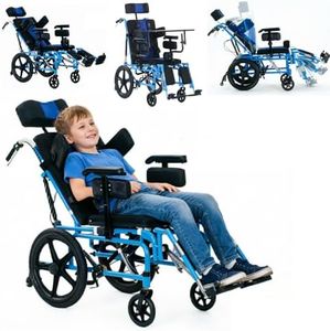 Full Reclining Pediatric Wheelchair – Heavy Duty Folding Kids Wheelchair with Headrest, Meal Tray & Elevating Footrest, Medical Mobility Chair for Home, Travel & Rehabilitation (Blue)