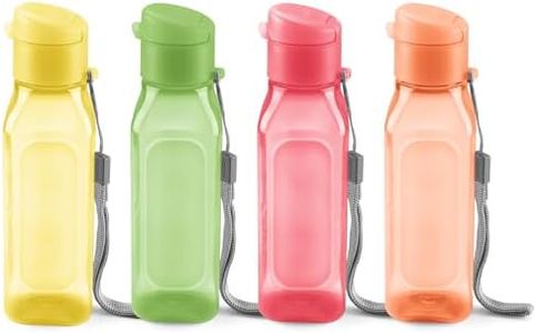 Bulk Water Bottles Set of 4 – 10oz Multicolor Water Bottles for Kids and Adults – Leak Proof Water Bottles with Carry Strap – Square Reusable Water Bottles for Juice, Drinks – BPA-Free Dishwasher-Safe