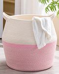 KAKAMAY Woven Baskets for Storage(17"x17"),Large Cotton Rope Basket Woven Baby Laundry Hamper,Collapsible Laundry Basket, Blanket Basket for Organizing Living Room,Nursery,Pillows,Toy Chest(Pink)