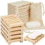 Umigy 40 Pcs Soap Bag and Soap Holder Kit Mesh Sisal Soap Saver Bag Exfoliating Soap Pouch Bamboo Wood Soap Holder Tray Bathroom Soap Bar Holder for Shower Bath Use (Beige,Wood Color)