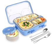 TEC TAVAKKAL Lunch Box 3 Compartment Leak-Proof BPA Free Stainless Steel, Lunch Box for Kids, Lunch Box for School & Office with a Fork, a Spoon and a Pair of Chopsticks (Blue)