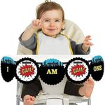 Big Dot of Happiness Bam Superhero 1rst Birthday Highchair Decor - I Am One - First Birthday High Chair Banner