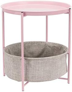 Amazon Basics Round Storage End Table, Side Table with Cloth Basket - Pink/Heather Gray, 48.2 x 45.7 x 45.7 Centimeters