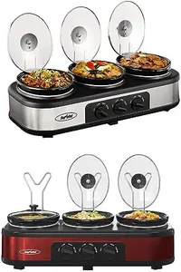 Sunvivi Triple Slow Cookers Silver and Red Color, Slow Cooker Mini Crock Pot for Dips, Food Warmers Buffet Server Stainless Sliver