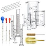 JESSTOLO Beaker Glass Cylinder Pipettes Set, 5pcs Thick Glass Graduated Beaker, 4pcs Glass Measuring Cylinder with 3pcs Glass Drip Pipettes, 4pcs Glass Stirring Rod and 2pcs Washing Brush