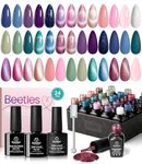 beetles Gel Polish 24Pcs Cat Eye Gel Nail Polish Set, Glitter Blue Pink Purple Green Shimmer Colors Nail Polish with Magnet Stick Glossy & Matte Gel Top Coat Base Coat UV Gift