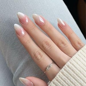 Modelones Pink Ombre Press on Nails Almond, Summer Chrome Short Fake Nails, Nail Kit with Nail Glue Adhesive Tabs Mini Nail File, Nails Press Ons 32Pcs16 Sizes, Women Girl Gift