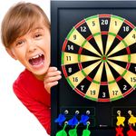 Large & Safe Magnetic Dart Board (Wooden Frame) for Kids & Adults - Fun Game for Up to 4 Players - Including 12 Colorful Darts + Dry Erase Score Board (2 Markers+Eraser) | Sturdy & Durable