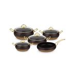 OMS Cookware 9 Piece Non Stick Granite Copper Set Glass Lids Black Gold Casserole Pan Pot Frying Pan - Essential, Pots and Pans Set - Made in Turkey