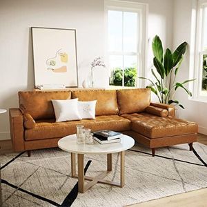 3 Seater Leather Corner Sofa Lounge Suite Couch w/Chaise Solid Wood Frame, Tan Brown