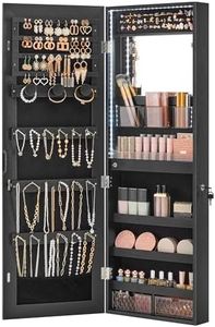 SONGMICS Jewelry Cabinet Armoire Organizer with LED Lights, Wall-Mounted Storage Cabinet with Full-Length Frameless Mirror, Built-in Makeup Mirror, 2 Drawers, Lockable, Black UJJC013B01