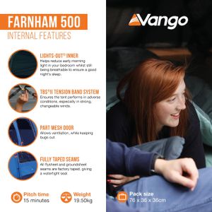 Vango Farnham 500 5-Person Tunnel Tent – TBS II, Sun Porch, River Blue