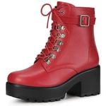 Allegra K Women's Zip Chunky Heel Platform Ankle Combat Boots, Red, 8.5