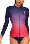 ATTRACO Women's Long Sleeve Rash Guard UV Sun Protection Zipper Gradient Swimsuit Top, Navy, X-Large