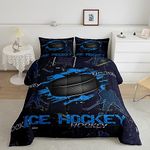 Manfei Ice Hockey Kids Comforter Set Queen Size, Sports Gaming Theme Blue Quilt Set with 2 Pillowcases, Hockey Player Bedding Set 3pcs for Boys Girls Bedroom Decor Lightweight Duvet Insert