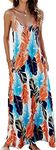 OURS Women's Summer Casual Floral Printed Bohemian Spaghetti Strap Floral Long Maxi Dress with Pockets (X-Large, B-Leaf Print)