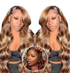 Highlight Human Hair Wig Pre Cut 6x4 Transparent hd Lace Body Wave Human Hair Wig 200% Density 26 Inch Ombre Lace Front Wig Beginner Friendly Wig Wear And Go Glueless Honey Blonde Wig