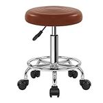 WKWKER Round Rolling Beauty Stool On Wheels PU Leather Swivel Height Adjustable Salon Chair Stool Kitchen Work SPA Stools With Wheels(Brown)