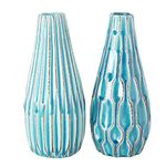 WHW Whole House Worlds Iconic Scandi Bud Vases, Set of 2, Fluted, Turquoise Blue, Crackle Suffused Glaze, Stoneware, 9.5 Inches Tall, Modern Home Design