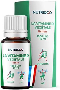 Nutri&Co Vitamine D3 Végétale issue du Lichen 100% Naturelle - 1000 U.I par Goutte - 2000 UI/j - Flacon 15ml - Santé des Os & Immunité - pour Adultes et Enfants - Vegan Fabriqué en France