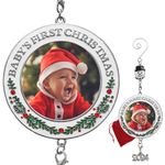 2021 Baby's First Christmas Photo Ornament - White Enameled Ornament with Holly, Berries and Red Rhinestone Accents - Includes Snowman Xmas Tree Hook and a Dated Hanging Charm