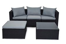 EVRE Malaga Black Rattan Garden Outdoor Furniture Wicker Set 4 Seat Corner Sofa Couch Footstool Glass Top Table with Cushions for Patios Conservatories Gardens