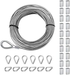 Sanuke 1/8" 304 Stainless Steel Cable, 50ft Wire Rope Metal Cable with Loop Sleeve and Thimble, 7x7 Strand Core Steel Wire for Deck Railing System, Garden Fence, Outdoor Hanging Kit