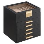 SONGMICS Jewelry Box with Glass Lid, 6-Layer Jewelry Organizer, 5 Drawers, 8 x 9.1 x 9 Inches, Graphite Black and Gold Color UJBC176B01