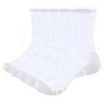 YUEDGE Mens White Cotton Crew Socks For Men Size 6-9, Moisture Wicking Cushioned Gym Golf Tennis Training Athletic Sports Socks, Multipack, 5 Pairs