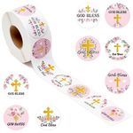 Cuweipeng 1000pcs God Bless Baptism Stickers Roll Pink Floral Religious Party Stickers Decoration for First Communion Party Supplies Christening Sticker Labels Confirmation First Communion Baby Shower