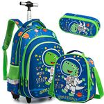 Egchescebo School Bags Kids Rolling Dinosaur Backpack for Boys Kids Luggage Kids Suitcase With Wheels Trolley Wheeled Backpacks for Boys Travel Bags 3PCS Boys Cat Backpack With Lunch Box Blue