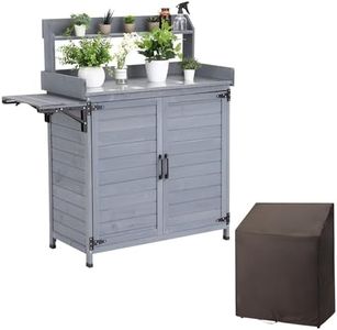 GarveeLife Garden Potting Bench Table, Outdoor Garden Horticultural Wooden Storage Cabinet, Solid Wood Planting Work Bench with Open Top, Metal Tabletop, Handy Hooks, Bench Table Cover