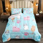 Colorful Cats Comforter Set Twin Size,Cartoon Kawaii Bedding Set For Kids Boys Girls Cute Pet Animal Cat Down Comforter Sleeping Cat Bed Set Pink Blue Pastel Cat Paw Stars Duvet Set 1 Pillow Case