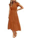 ZESICA Women's Summer Casual Flutter Short Sleeve Crew Neck Smocked Elastic Waist Tiered Midi Dress