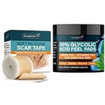 Scar Tape & Glycolic Pads - C-Section, Tummy Tuck, Keloid Removal Treatment - Post Surgery Supplies - Patch, Bandage - Exfoliating Facial Peel - Radiance Face Wipes - 60 Double-Side Pads