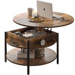 FABATO Round Lift Top Coffee Table with Storage and Hidden Compartment, 68cm Farmhouse Coffee Table for Living Room Reception Room, 2 Tier Small Round Coffee Table Circle Dining Table, Rustic Brown