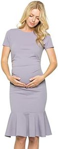 My Bump Maternity Midi Dress - Fitted Stretch Short Sleeves Mermaid Flare Ruffle, Lavender Npab, Large