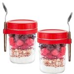 JIGSHTIAL 350ml Overnight Oats Container with Lid and Spoon, Recipe,Glass Overnight Oats Jars, Wide Mouth Airtight Mason Jars, Milk and Fruit Salad Storage Leak Proof Container (Red_PACK OF 2)