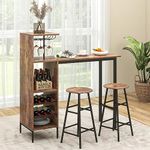 TANGZON 3 Pieces Bar Table Set, Steel Frame Dining Table and 2 Stools with Wine Racks, Glass Holders, Open Shelves & Footrest, Breakfast Dining Furniture Sets for Home Kitchen Pub Cafe (Rustic Brown)