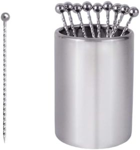 Lexenic 12Pack Metal Cocktail Picks + Holder Kit, Premium 304 Stainless Steel Cocktail Toothpicks,Reusable Skewers,Garnish Picks, Martini Picks for Olives Appetizers Fruit (12 Threads Silvery)
