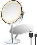 Makeup Mirror with Light, 8 inch Rechargeable 1X 10X Magnifying Mirror with Lights, Lighted Vanity Mirror with Magnification, Double Sided 360° Rotation, 3 Colors and Brightness Adjustable