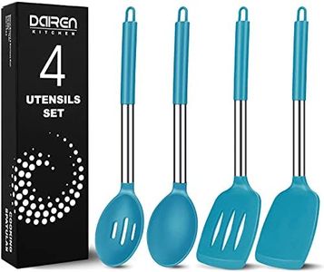 Pack of 4 Large Silicone Cooking Spatulas and Spoons, Slotted and Solid Stainless Steel Cooking Utensils Set, Non-stick Heat Resistant Kitchen for Baking, Fried, Stir-Fry, Mixing, Serving (Blue)