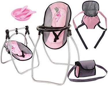 Bayer Design 63608AB Accesorios para muñecos Vario 9 en 1, trona, bolsa, portador, plato, cuchara, tenedor, gris, rosado