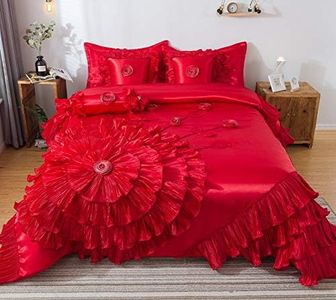 Tache Home Fashion Ruffle Comforter Bedding Set, VEHY4174-Q, Satin Polyester Microfiber, Red, Queen