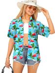 HAPPY BAY Women's Camp Hawaiian Blouse Tops Short Sleeve Shirts L Sky, Palm Flamingos