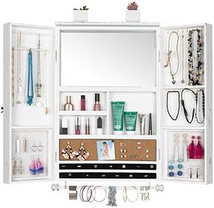 Large Rustic Wall Mounted Jewelry Organizer with Wooden Barndoor Decor. Jewelry holder for Necklaces, Earings, Bracelets, Ring Holder, and Accessories. Includes built-in mirror (Distressed White).