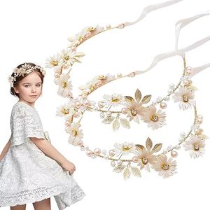 2 PCS Daisy Pearl Flower Vine Rhinestones Headband, Flower Headband Floral Hair Wreath Headpiece for Bridal Women Girls Hippie Wedding Party