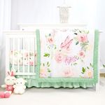 CARUILI 4-Piece Crib Bedding Set, Baby Girl Crib Bedding Set Butterflies Floral Nursery Bedding Set Includes Comforter, Fitted Crib Sheet, Crib Skirt, and Diaper Stacker, Green & Pink