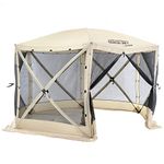 CLAM Quick-Set Escape 11.5 x 11.5 Foot Portable Pop-Up Outdoor Camping Gazebo Screen Tent 6 Sided Canopy Shelter with Ground Stakes & Carry Bag, Tan