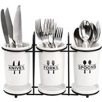 Fasmov Flatware Holder, 3-Piece Silverware Caddy Utensil Holder Ceramic Flatware Caddy with Metal Rack, Flatware Caddy White Ceramic Cutlery Organizer for Forks, Spoons, Knives